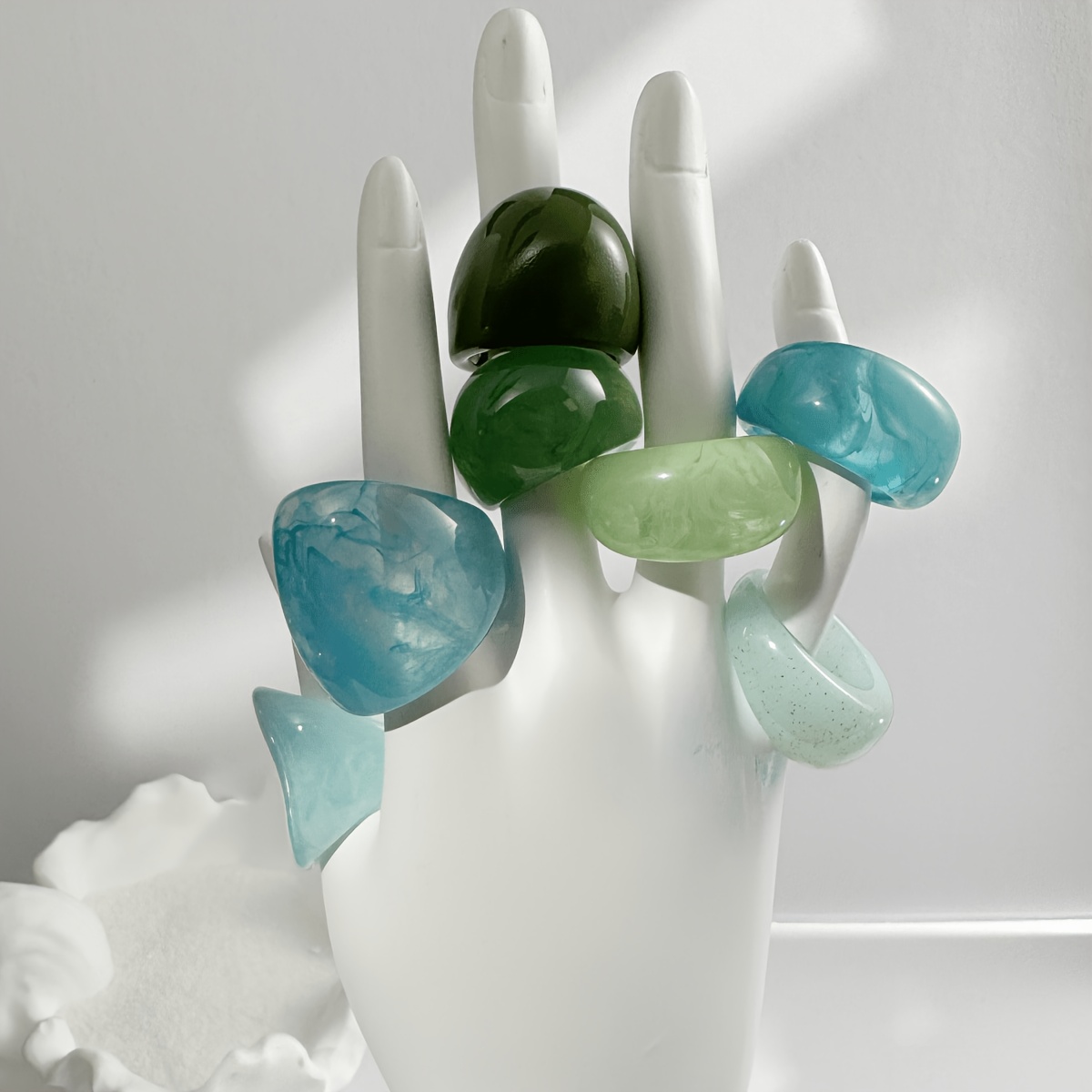7pc Women's Green & Blue Wide Resin Ring Set, Vacation Style